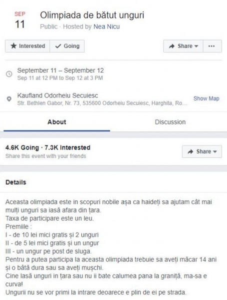 Detaliile evenimentului de Facebook ”Olimpiada de bătut unguri”